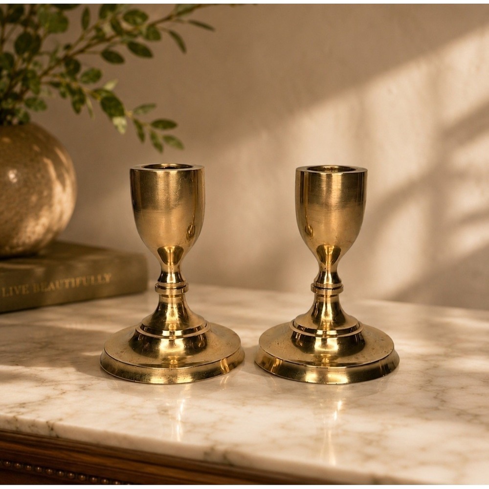 Vintage Brass Candlestick Holders Pair Heavy Traditional Hollywood Regency 3.5"